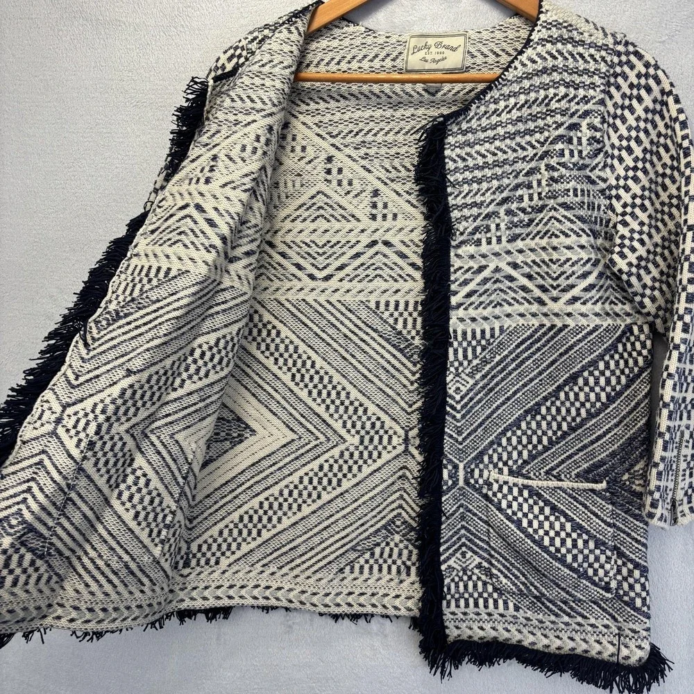 Lucky Brand Geometric Fringe Knit Coatigan‎ Jacket Womens Large Blue Boho Tribal